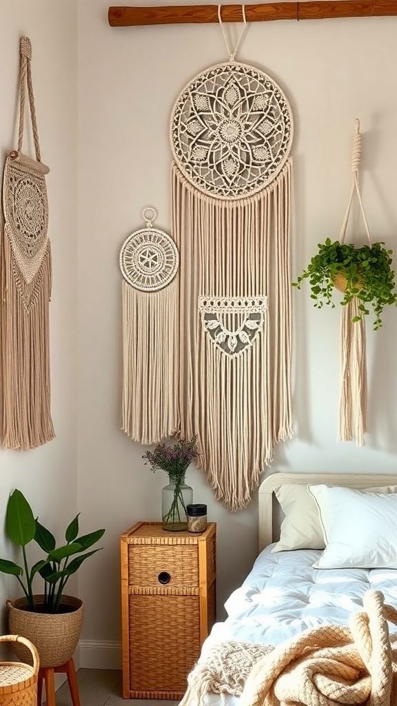A cozy dorm room corner featuring macrame wall hangings and a plant.