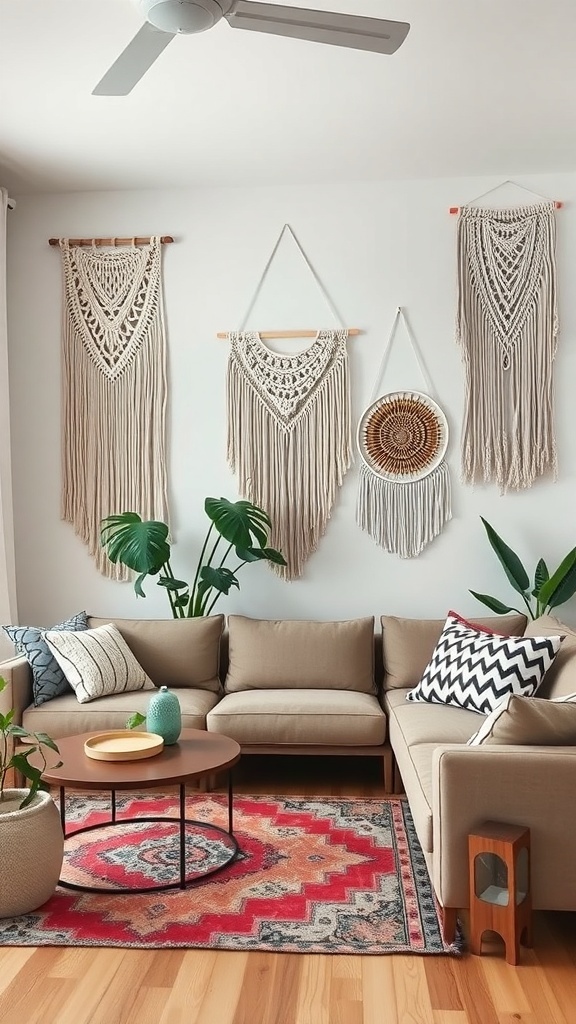 A cozy living room featuring macrame wall hangings, a beige couch, and vibrant plants.