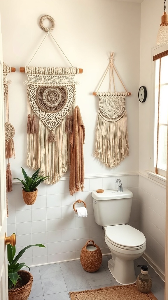 Rustic boho bathroom featuring macrame wall hangings and plants.