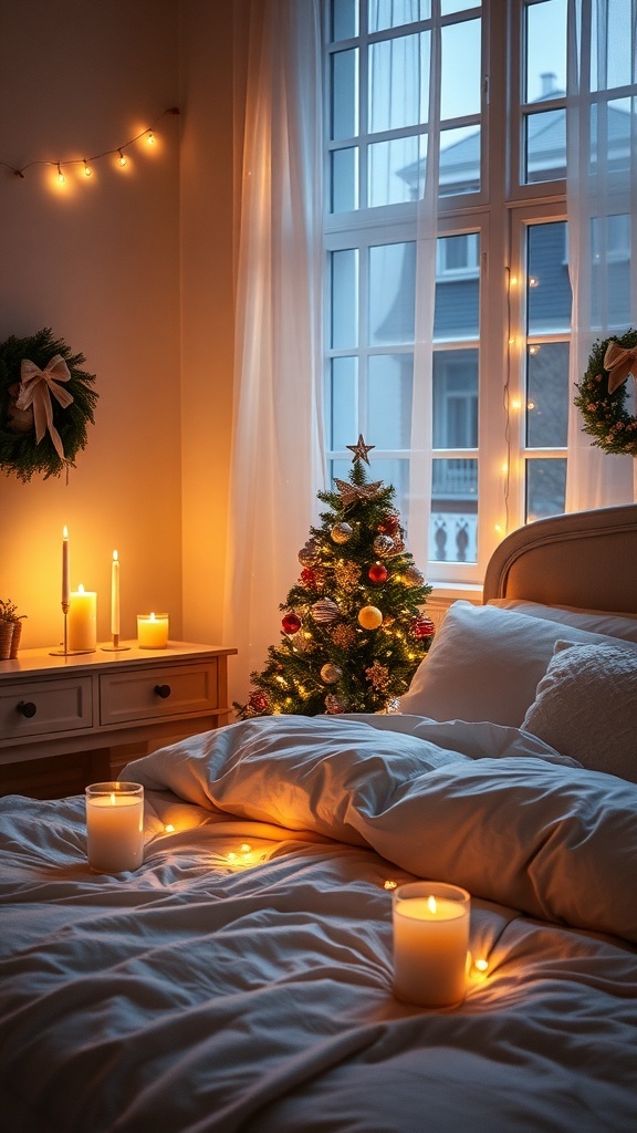 A cozy Christmas bedroom with fairy lights, candles, and a small decorated tree.