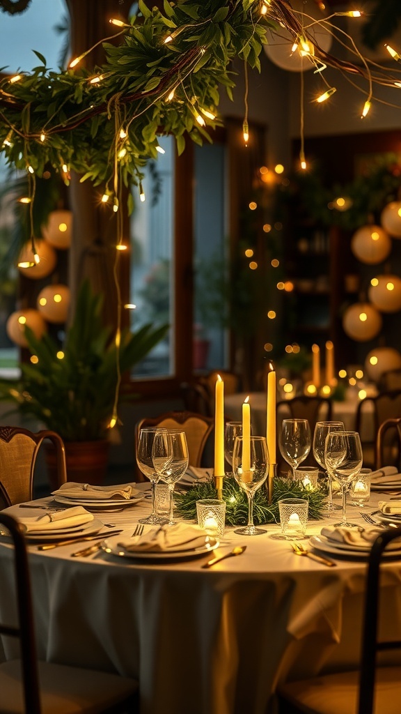 A beautifully decorated Christmas table with fairy lights, candles, and greenery.