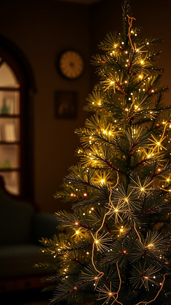 A Christmas tree adorned with warm fairy lights, creating a cozy and festive atmosphere.