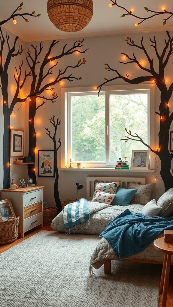 A cozy bedroom with tree decals and fairy lights creating a magical forest theme.