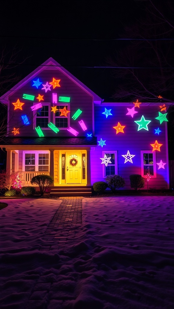A house decorated with colorful light projections of stars and shapes for Christmas.