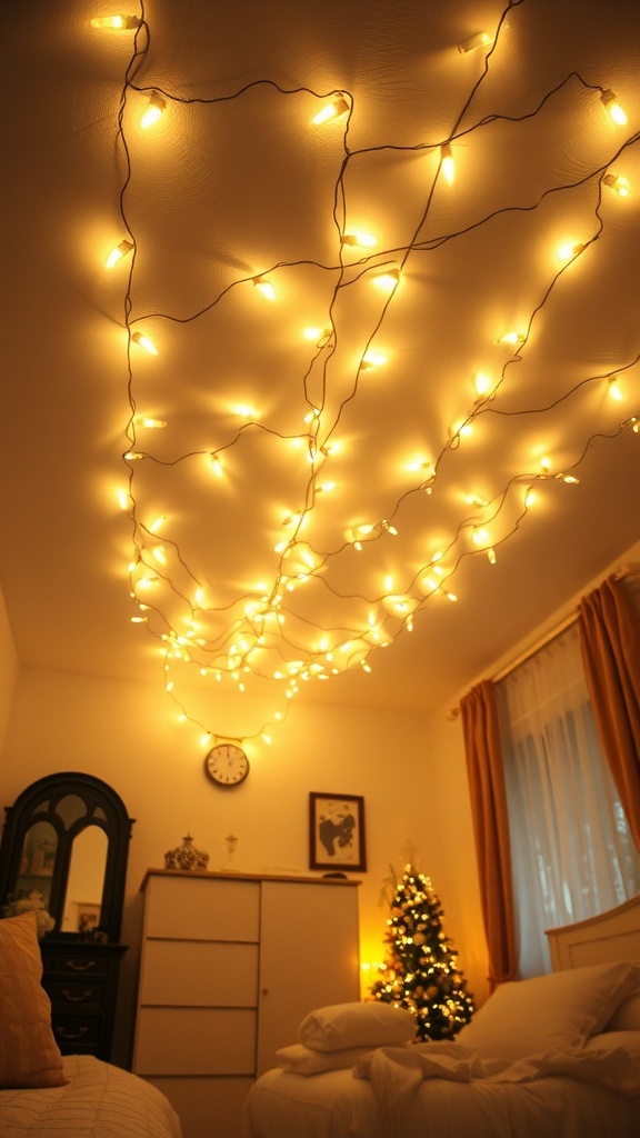 A bedroom with string lights creating a warm glow across the ceiling.
