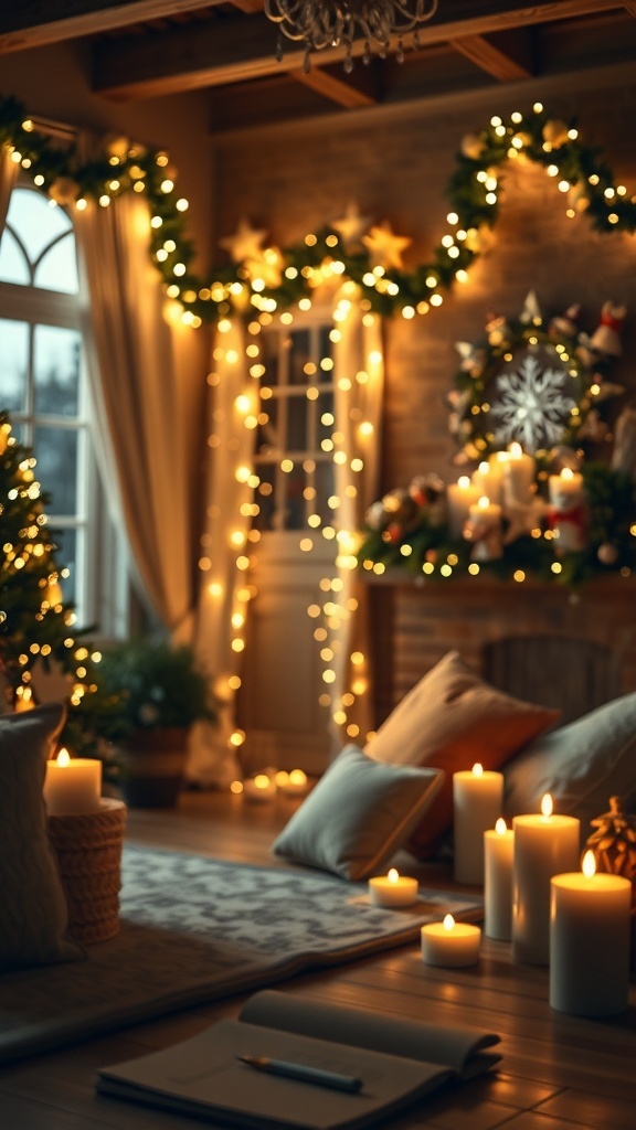 A beautifully decorated Christmas room with warm lighting, candles, and festive decor.