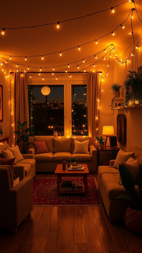 Cozy living room decorated with warm string lights