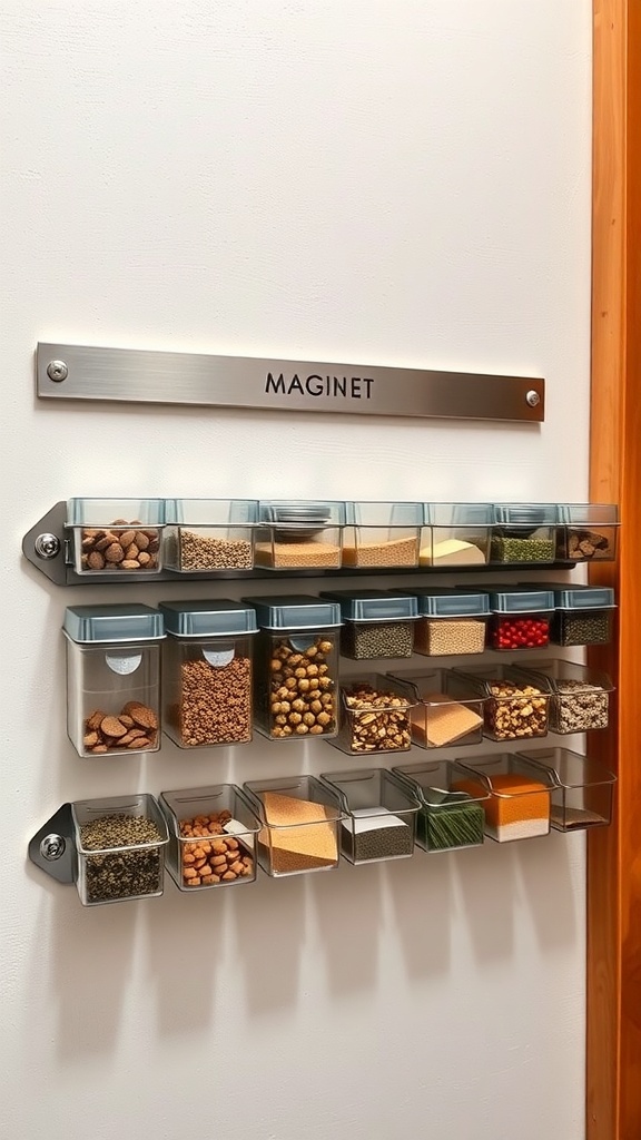 Magnetic containers mounted on a wall, filled with various spices and small pantry items.