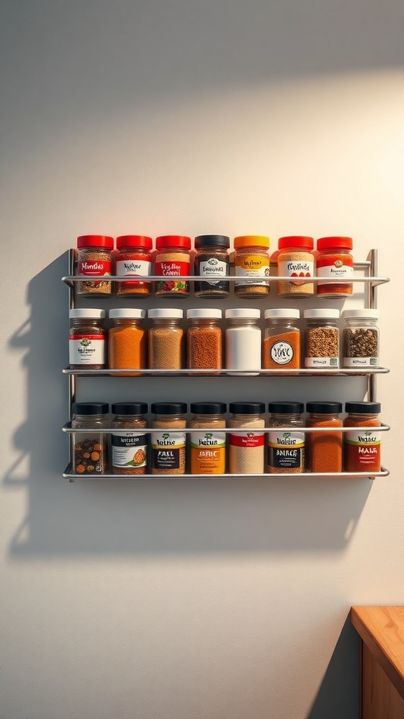 Magnetic spice rack with various spice jars neatly arranged on a wall.