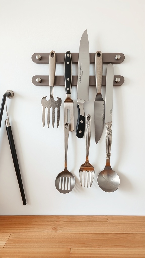 A magnetic strip holding various kitchen utensils including knives and spatulas.