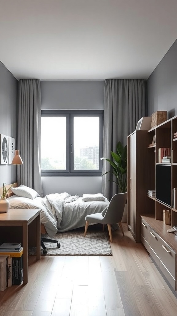 A small, minimalist bedroom with a bed, desk, and plant.