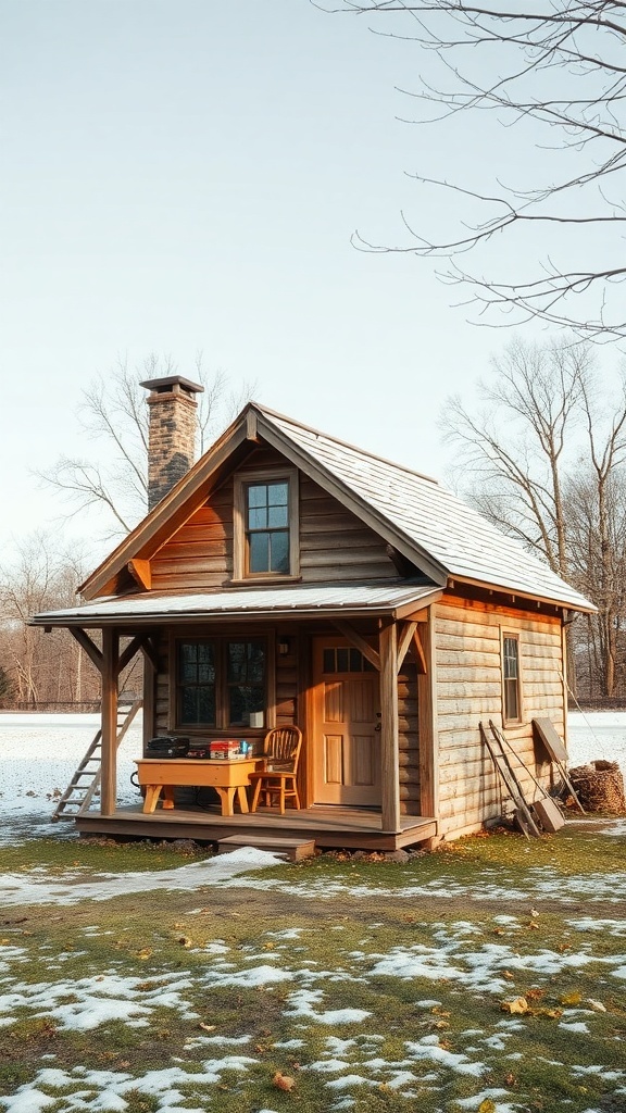 A rustic tiny house with a wooden exterior and a welcoming porch.