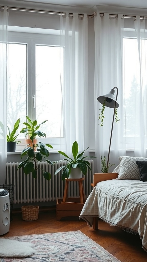 A cozy winter bedroom with plants and natural light