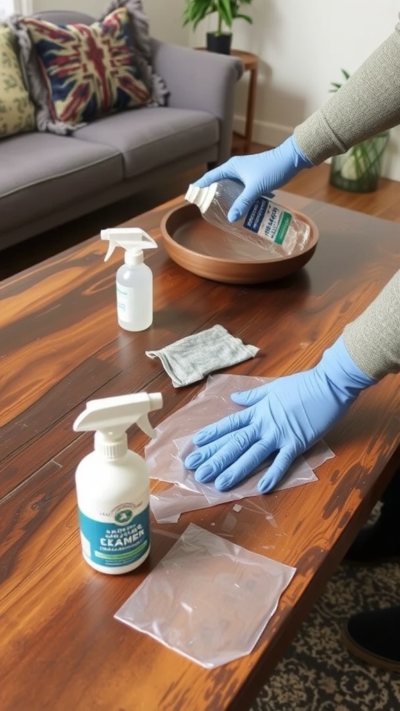 A rustic coffee table with cleaning supplies on top.