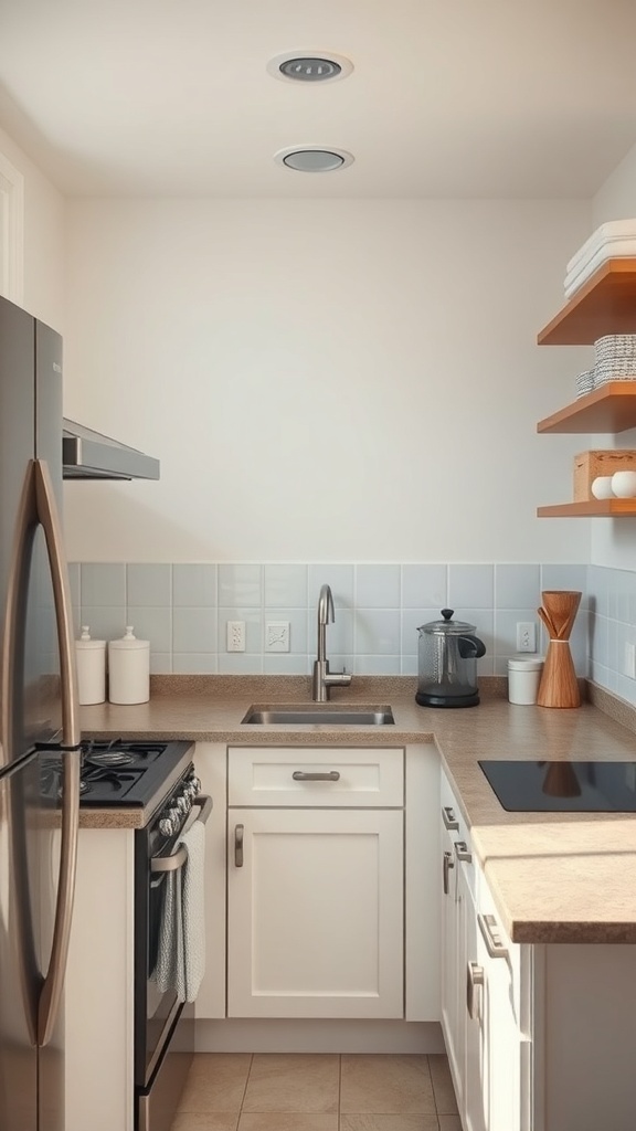A clean and tidy compact farmhouse kitchen with modern appliances and organized shelves.