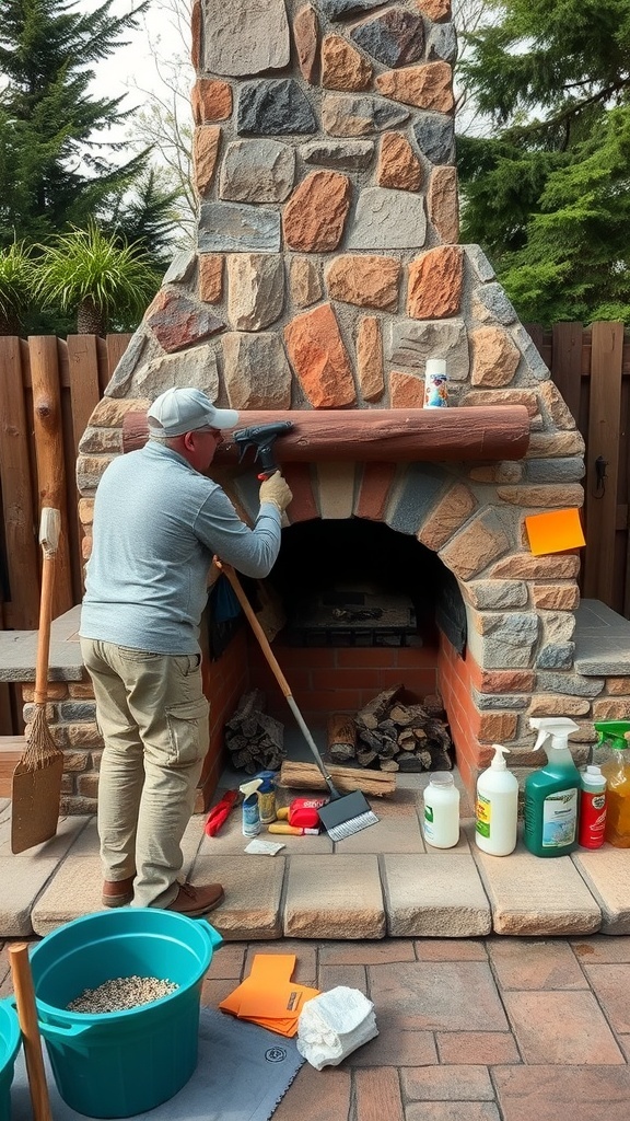 A person cleaning a rustic outdoor fireplace with tools and cleaning supplies around.