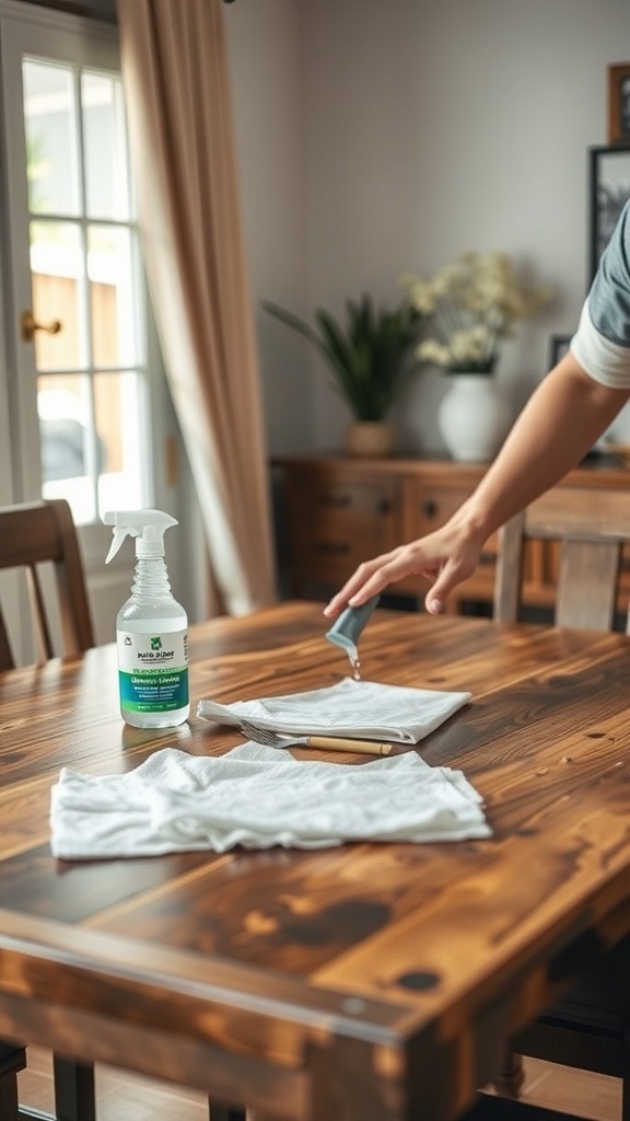 A person cleaning a rustic dining table with a cloth.