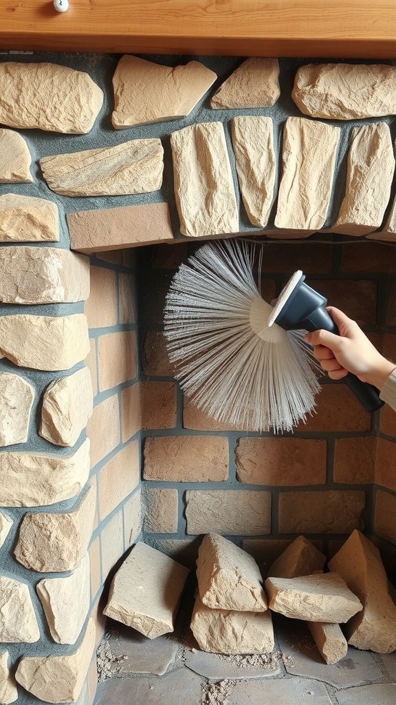 A person cleaning a rustic stone fireplace with a brush.