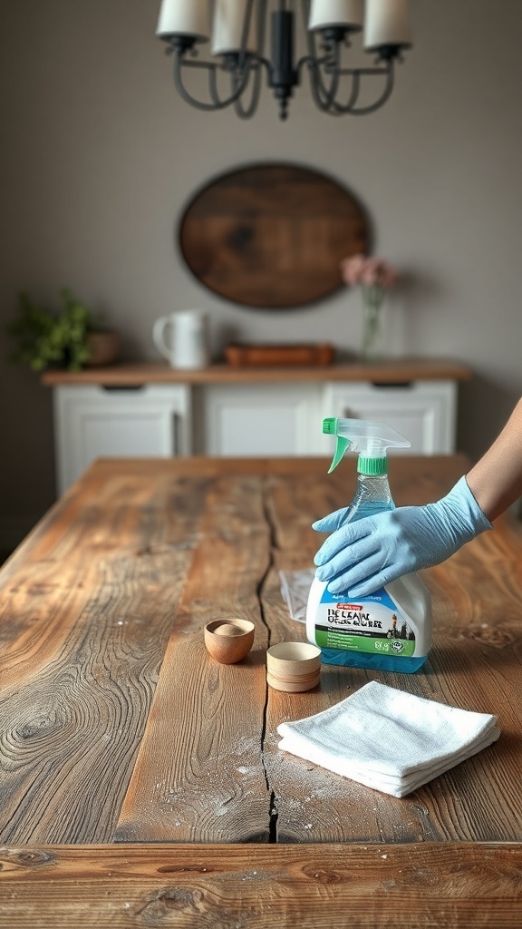 A rustic farmhouse dining table being cleaned with a spray cleaner and cloth.