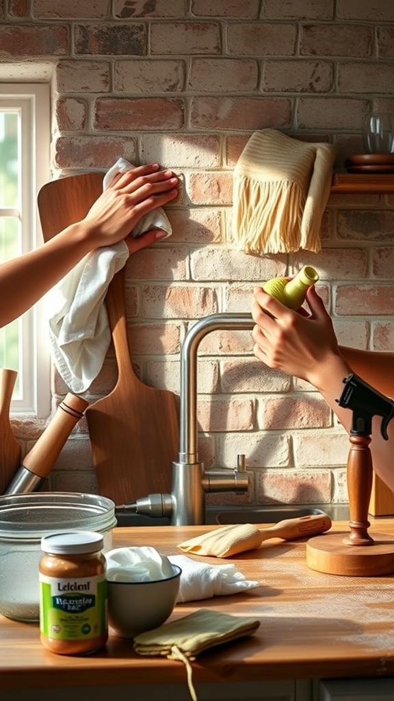 A cozy farmhouse kitchen featuring a brick backsplash.