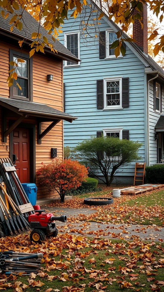 A checklist for fall maintenance tasks for home exteriors, surrounded by autumn leaves.