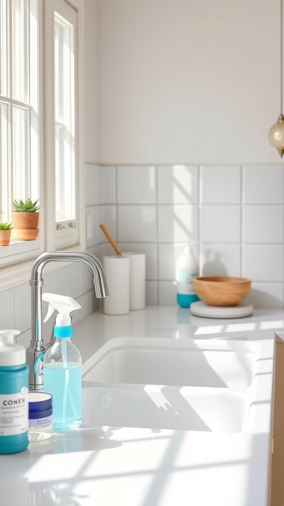 A clean farmhouse sink with cleaning supplies and natural light.