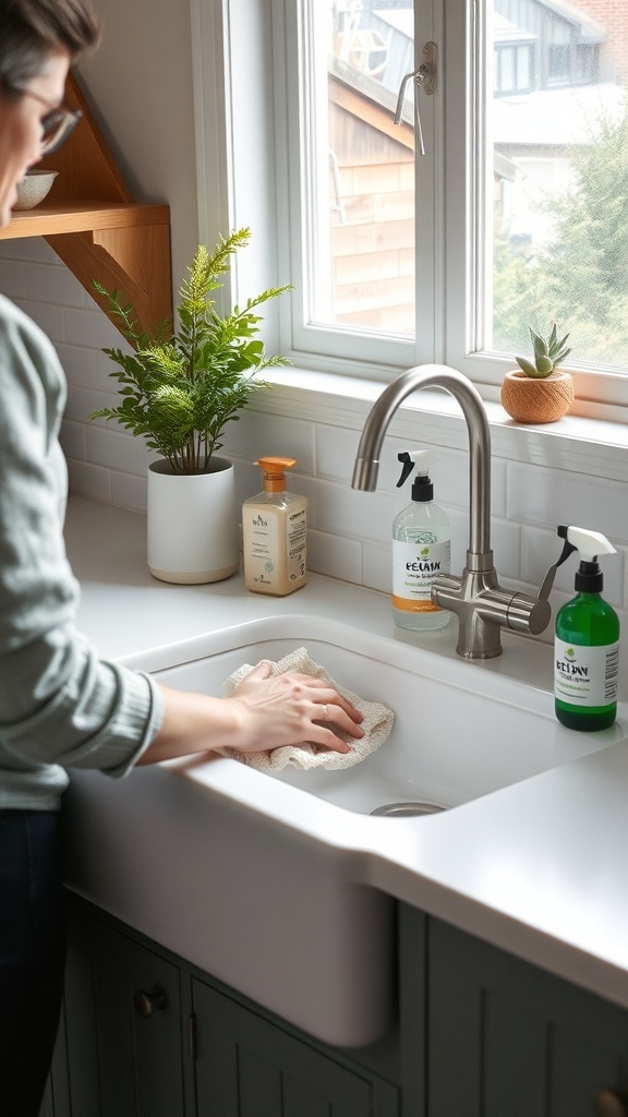 A person cleaning a farmhouse kitchen sink with a cloth, surrounded by plants and cleaning products.