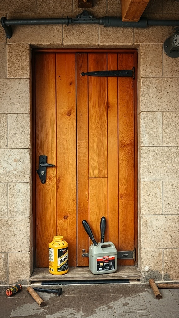 A rustic wooden door with maintenance tools nearby.