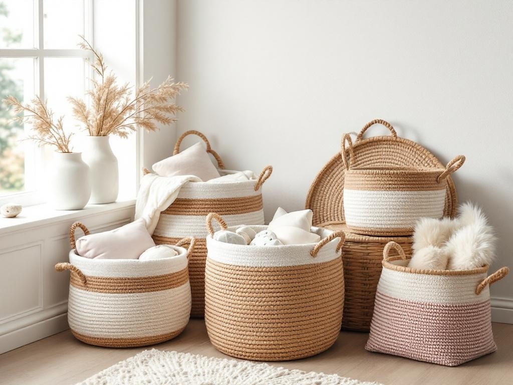 A collection of decorative storage baskets in a light-filled room, featuring soft pillows and a vase with dried flowers.