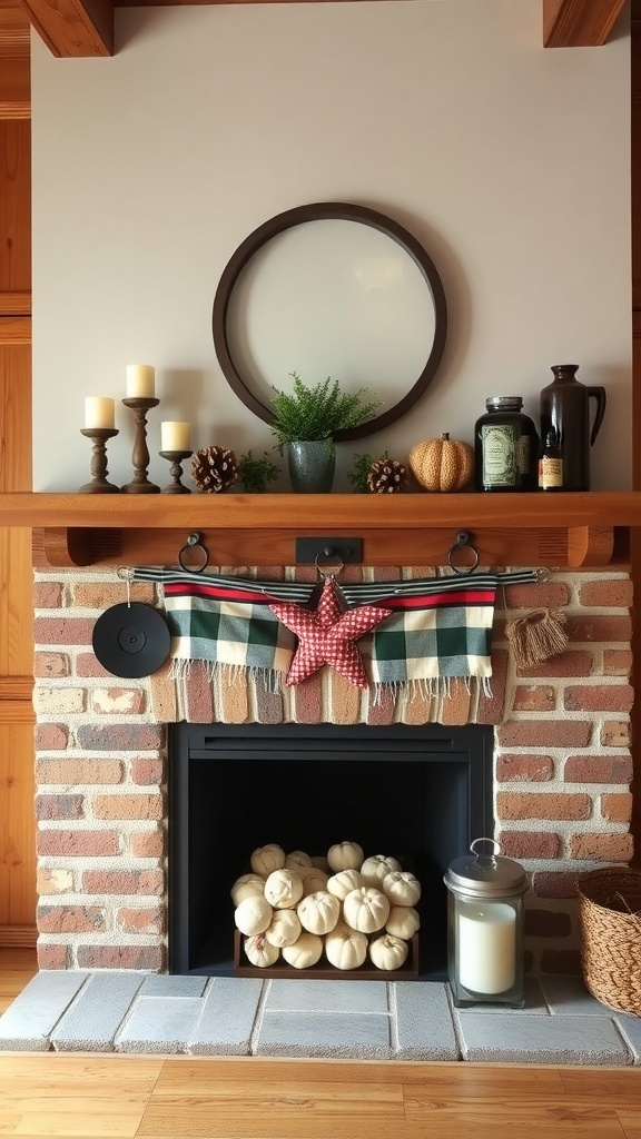 A rustic fireplace mantel decorated with candles, greenery, and seasonal decor.