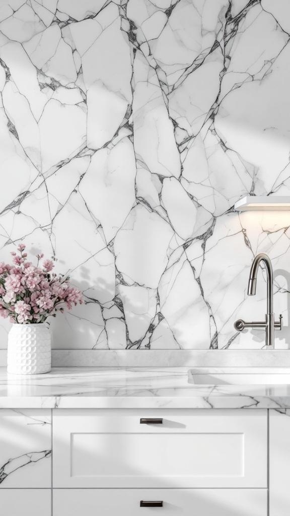A white marble backsplash with black veining in a modern kitchen, featuring a vase of pink flowers and a sleek faucet.