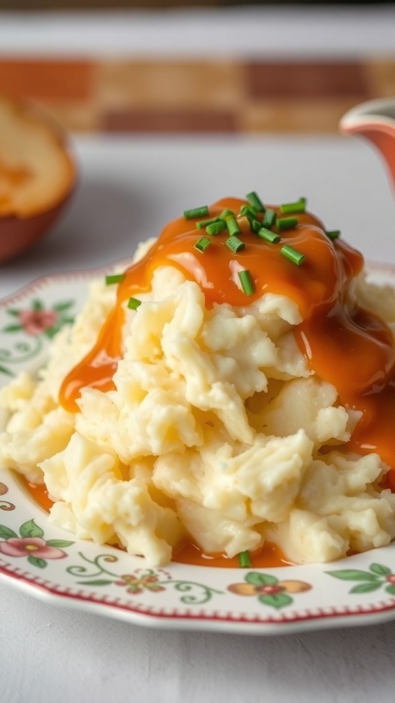 A plate of mashed potatoes topped with gravy and chives.