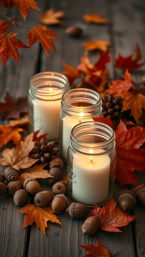 Three mason jar candle holders with candles inside, surrounded by autumn leaves and acorns on a wooden table.
