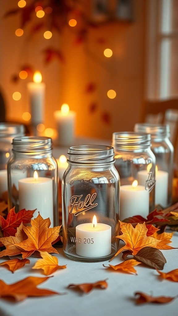 Mason jars with candles surrounded by autumn leaves on a table