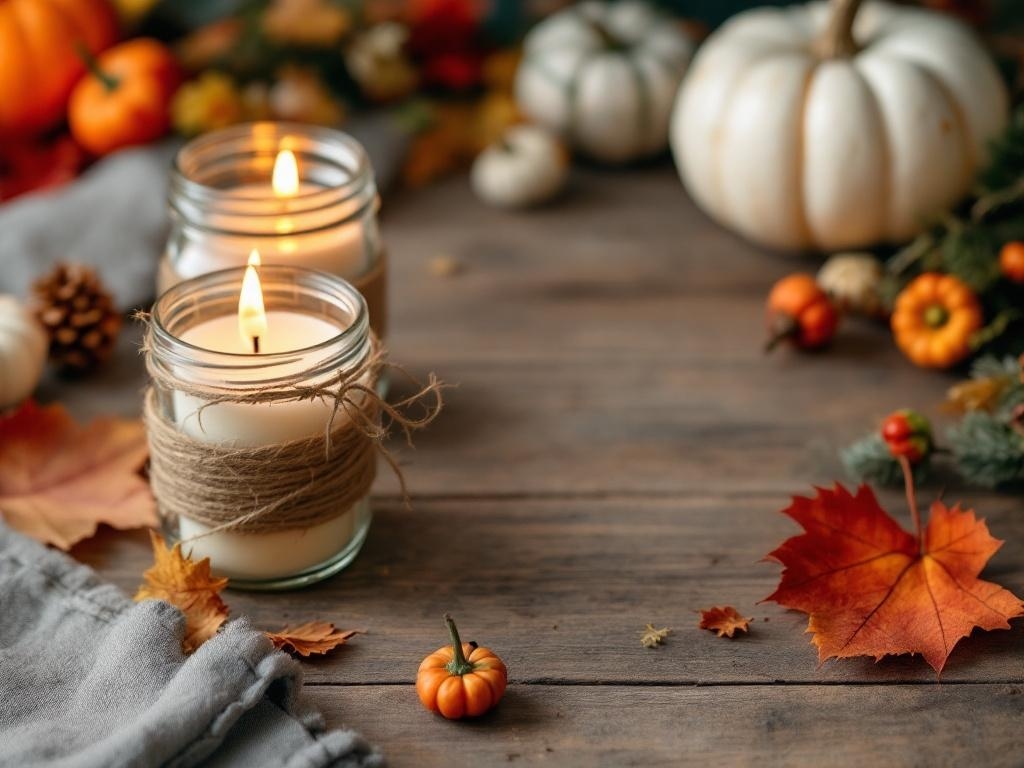 Mason jar candle holders with candles, twine, autumn leaves, and pumpkins on a wooden table.