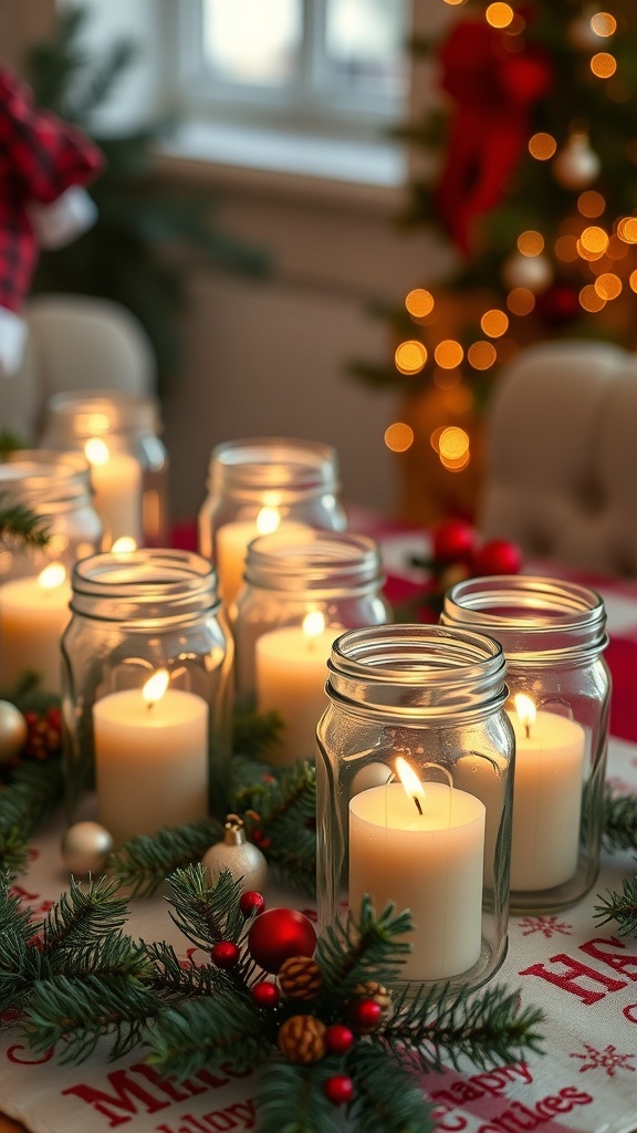 Mason jar candle holders with candles surrounded by greenery and ornaments