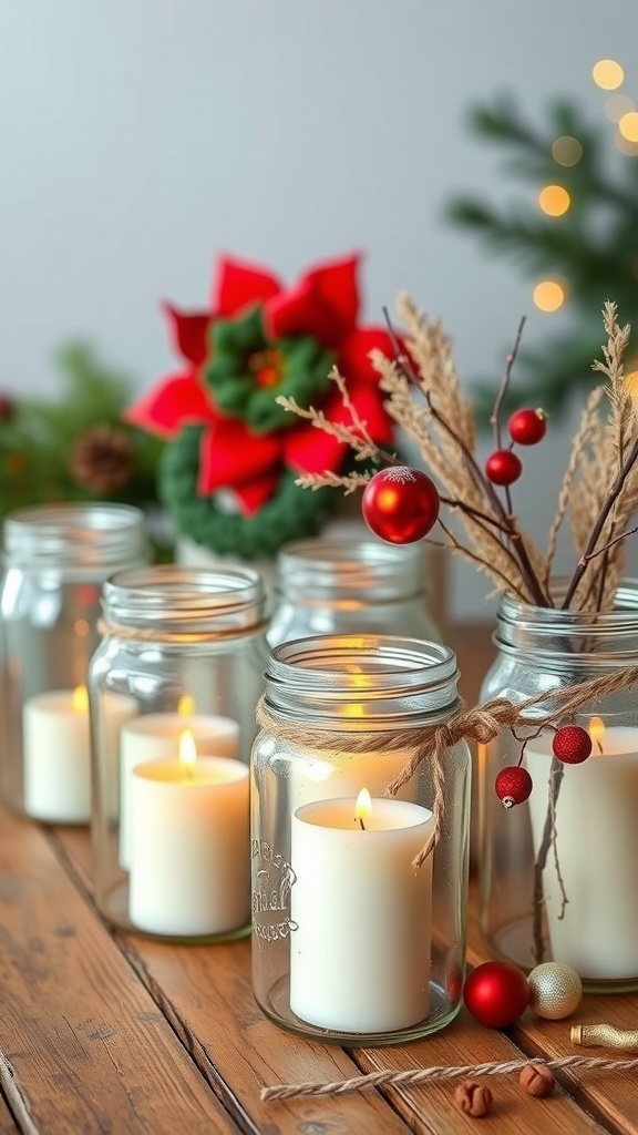 Mason jar candle holders with white candles, twine, and festive decorations.