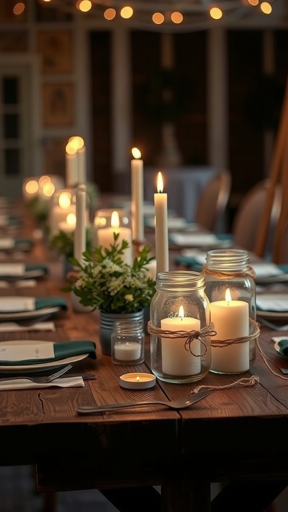 A rustic table setting featuring mason jar candle holders with candles, surrounded by additional candles and greenery.