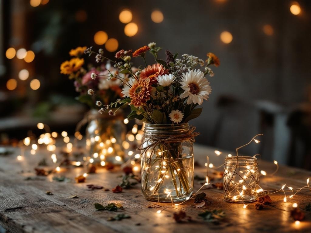 Mason jars with flowers and fairy lights on a rustic table
