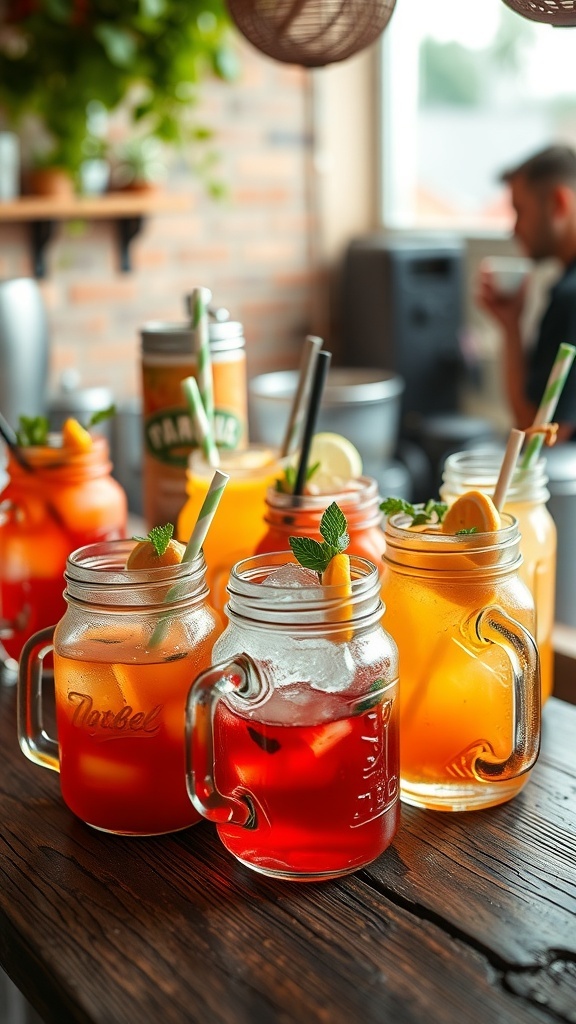 Colorful drinks served in mason jars on a wooden table