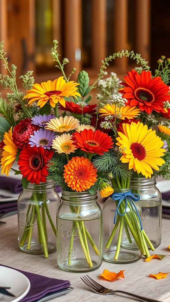 Colorful floral arrangement in mason jars on a table.