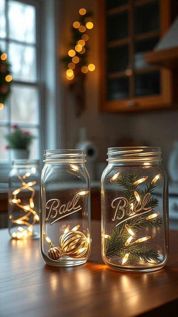 Mason jars with holiday lights and ornaments on a kitchen table