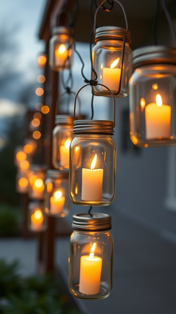 A garland of mason jar lanterns glowing with candles inside, hanging outdoors.