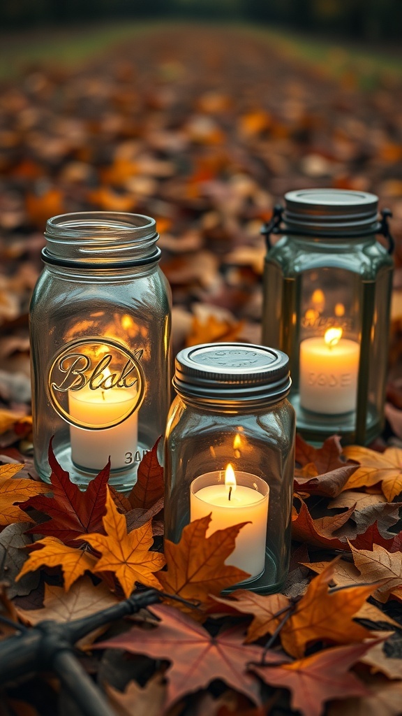 Three mason jar lanterns with candles glowing inside, surrounded by autumn leaves.