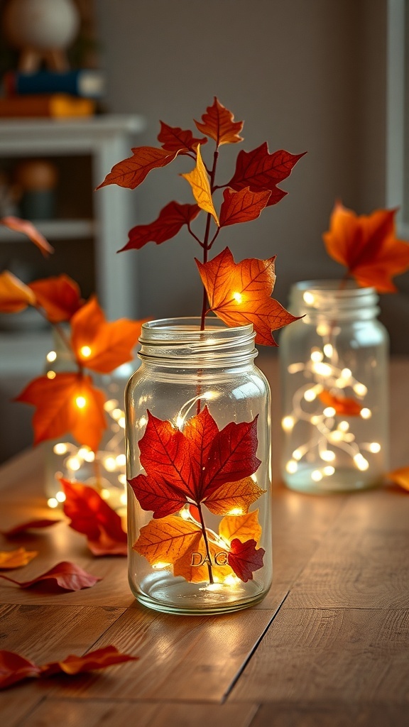 Mason jar lanterns with autumn leaves and fairy lights