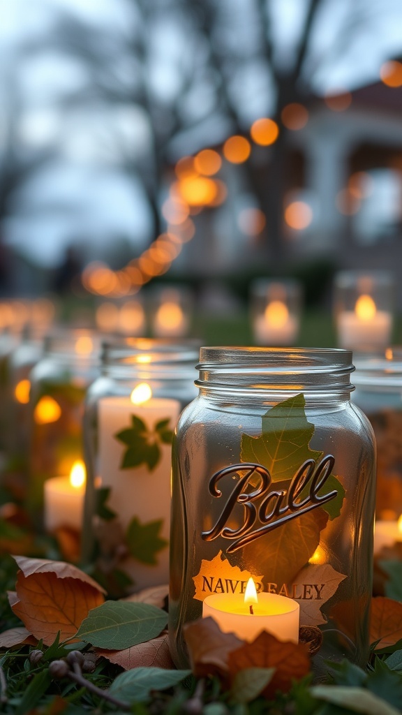 Mason jars with candles surrounded by autumn leaves, creating a cozy outdoor atmosphere.