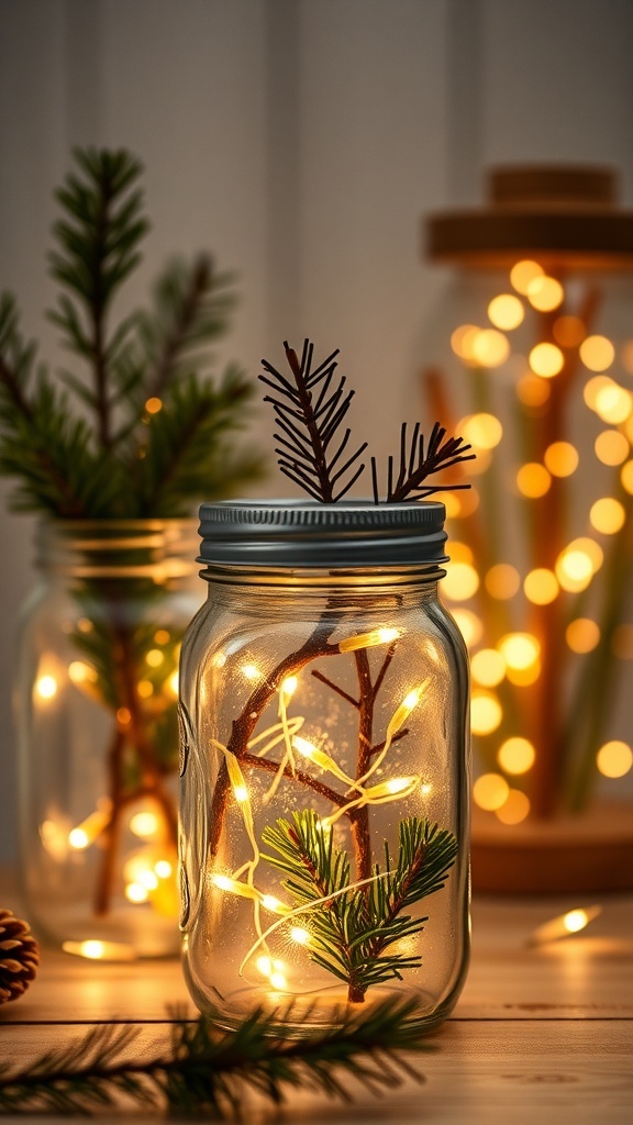 Mason jar lanterns with fairy lights and pine branches