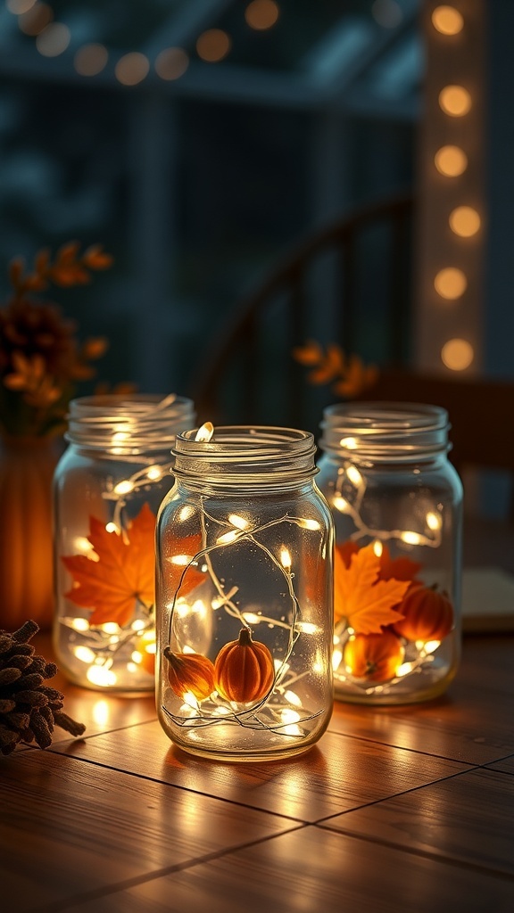 Mason jars filled with fairy lights, mini pumpkins, and autumn leaves, creating a cozy fall decor.