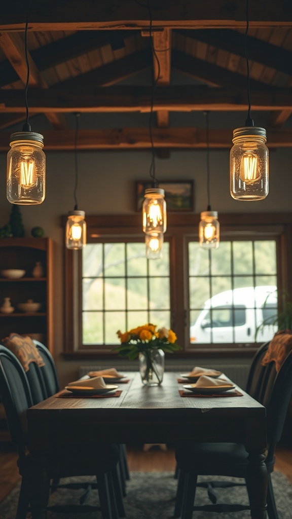 Rustic dining room with mason jar lighting and a wooden table set