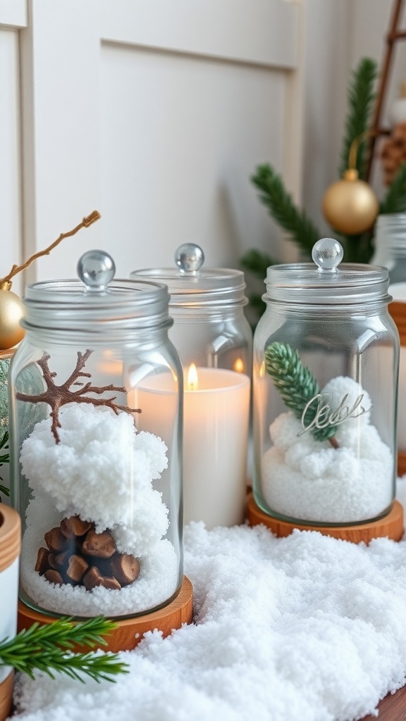 Mason jar snow globes with faux snow, pinecones, and greenery